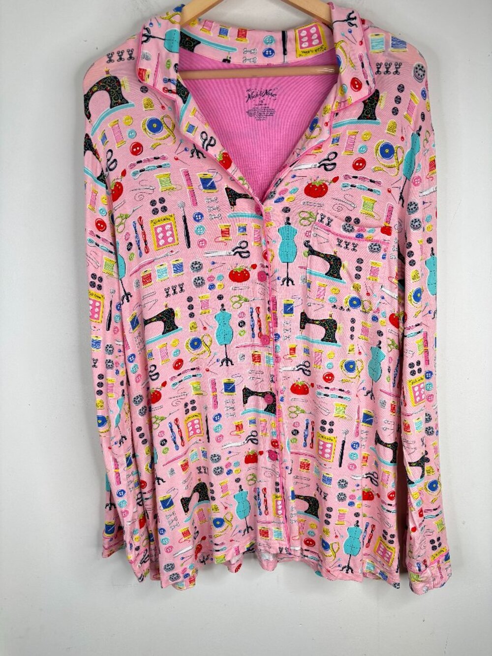 Nick & Nora Sewing Print Button Down Pajama Top XXL Lounge Long Sleeve Pink